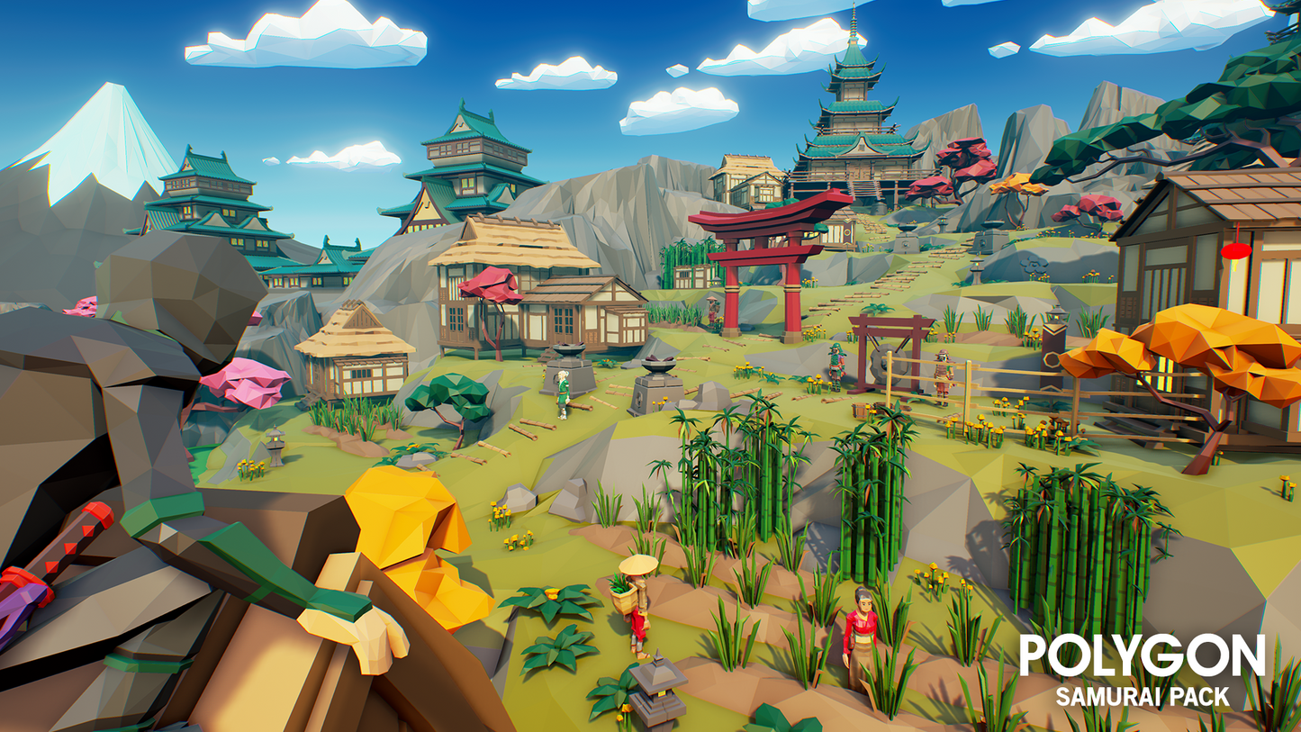Low poly ninja character overlooking a farm