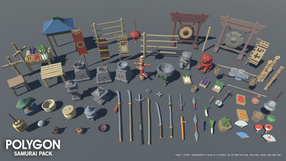 Samurai Pack low poly assets for game development containing armour, weapons, sensors, braziers, bonsai trees and plants