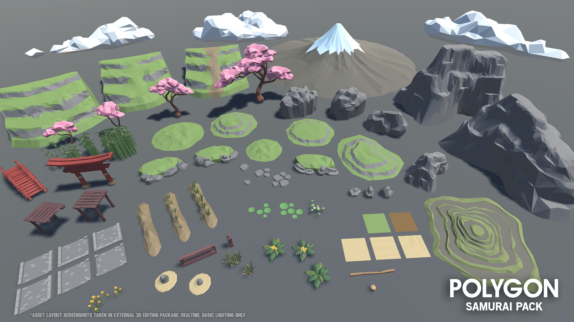Samurai environment assets for low poly game development including mountains, trees, rice fields, shrines and grass