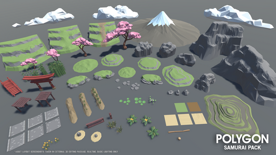Samurai environment assets for low poly game development including mountains, trees, rice fields, shrines and grass