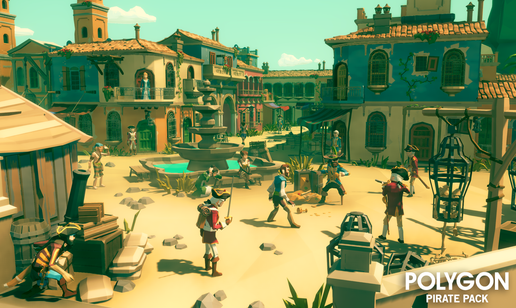 Low poly pirates and victorian era characters fighting in a town square