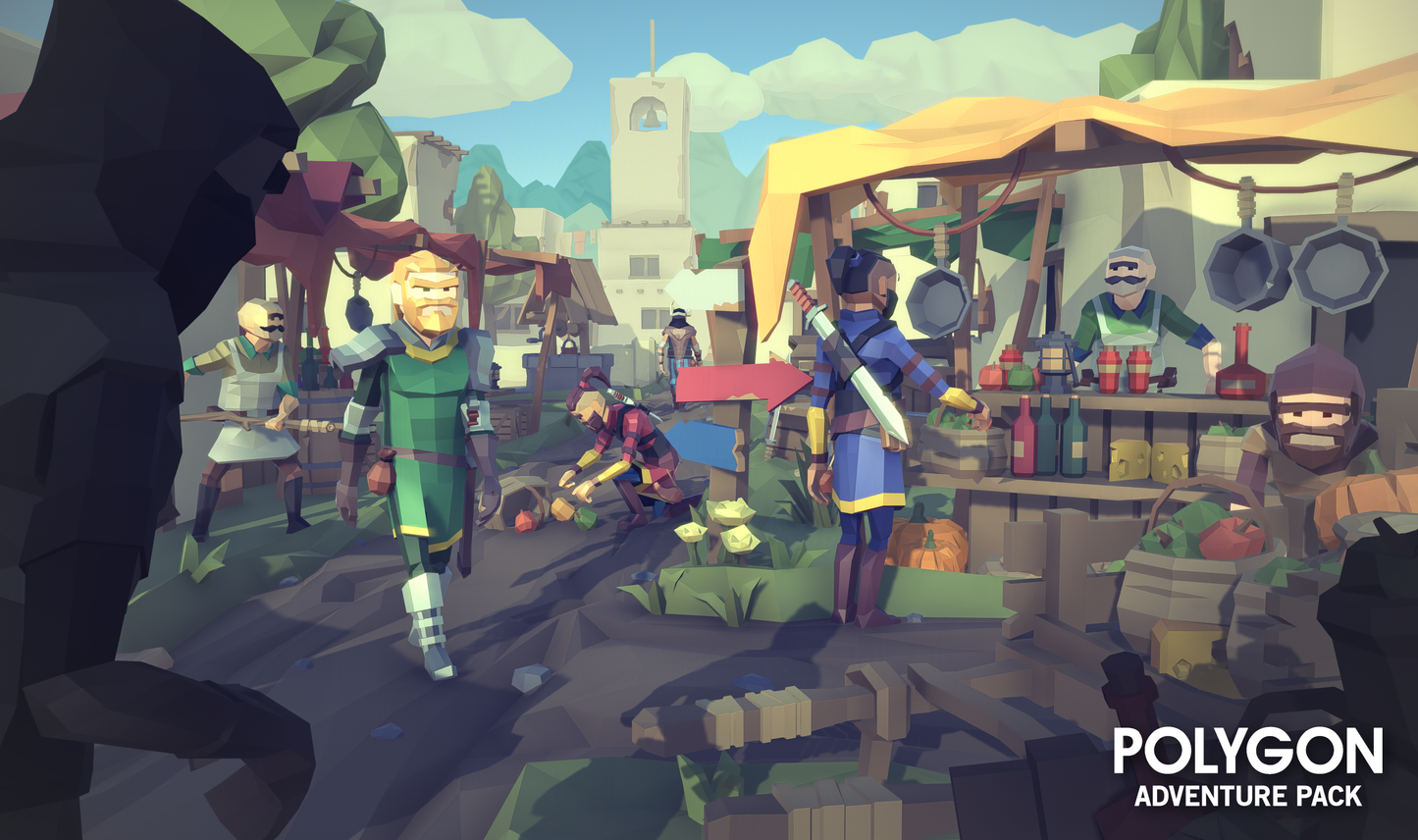 Marketplace 3D low poly asset scene with characters interacting with the environment