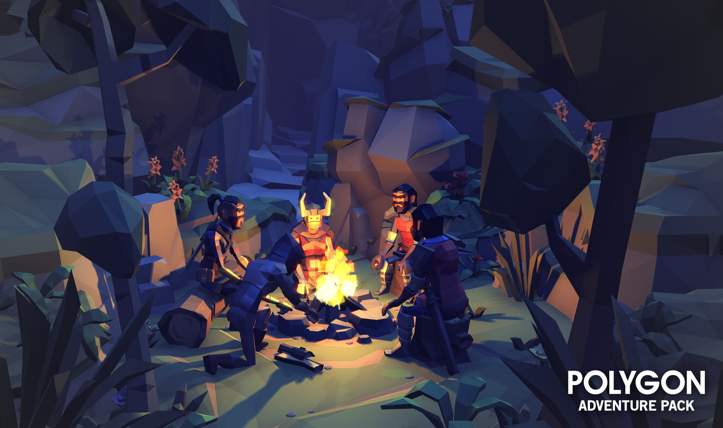 A group of adventurers in low poly 3D sitting around a campfire