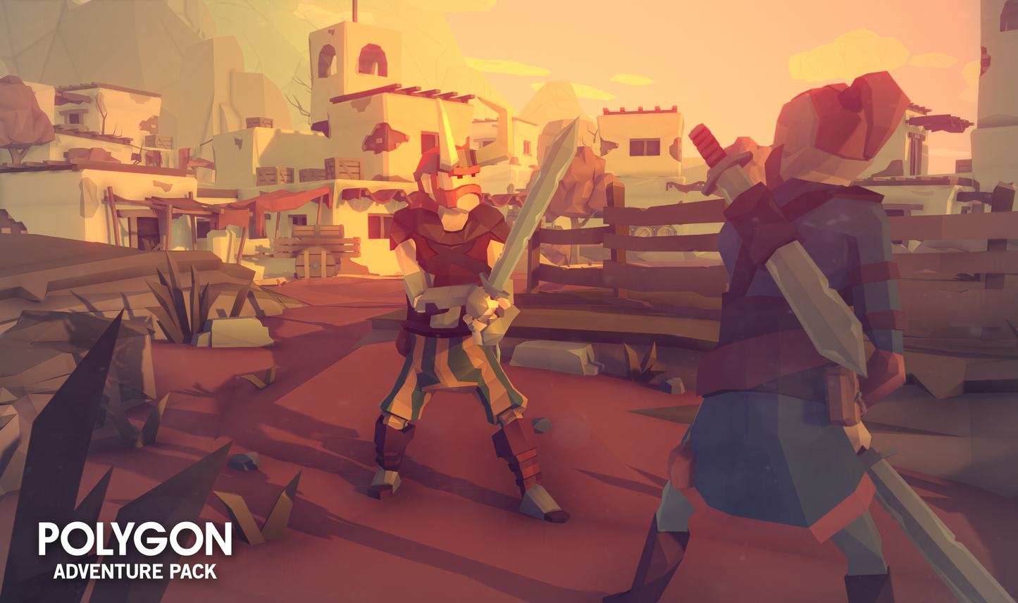 Two low poly characters fighting with swords