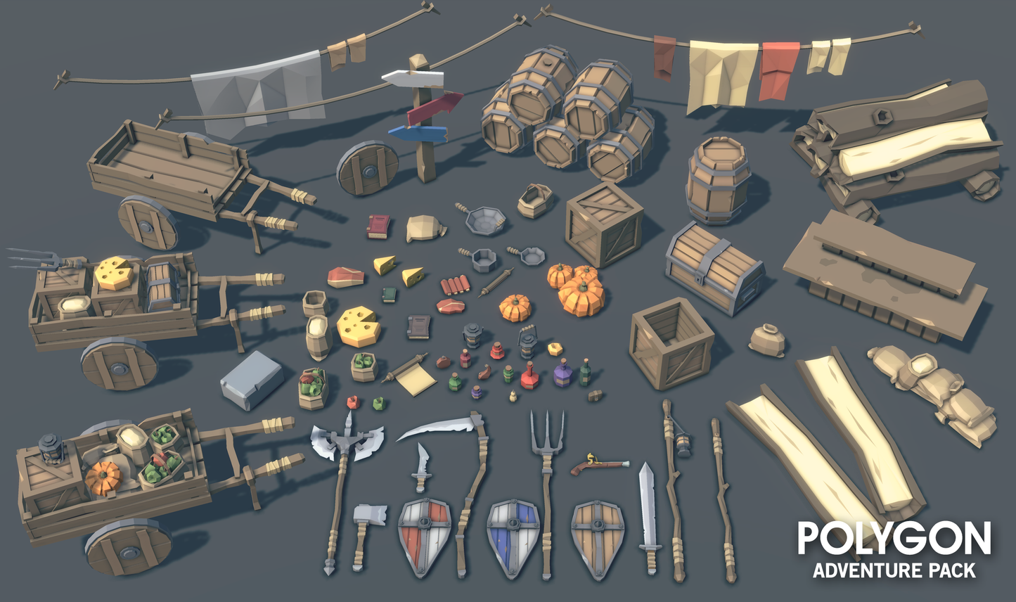Low poly 3d game asset of medieval modular building pieces, fences, market stalls, barrels, carts and town signs