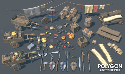 Low poly 3d game asset of medieval modular building pieces, fences, market stalls, barrels, carts and town signs