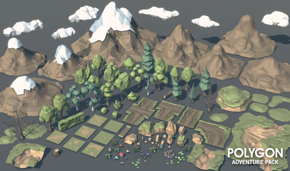 Low poly 3d game asset of clouds, mountains, trees, grasslands, snow, outcrops, plants and farms