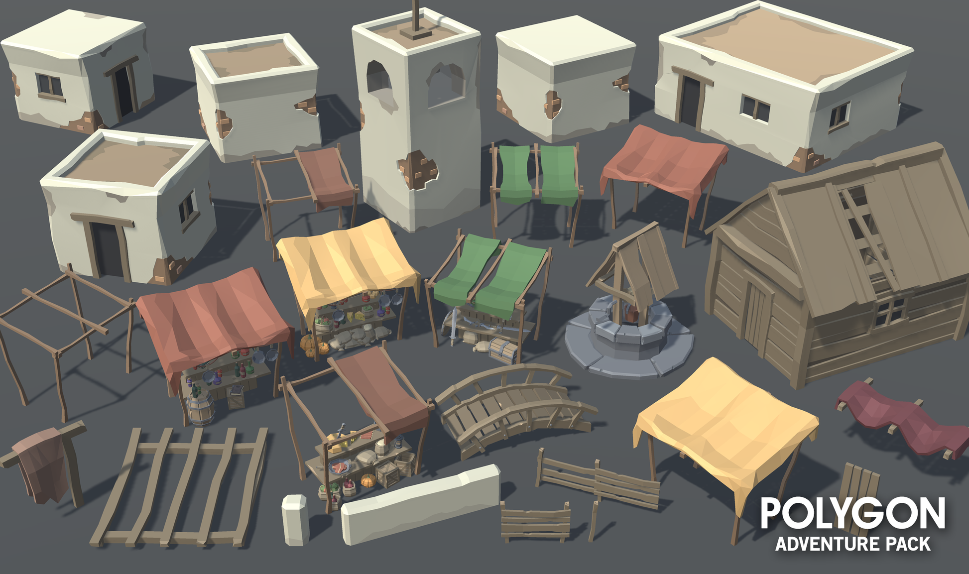 Low poly 3d game asset of modular village buildings, wells, farm stalls, tarps, sheds and homesteads