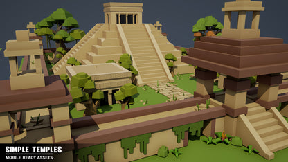 Low poly aztec temple with trees and vegetation around the walls and surrounding the pathways