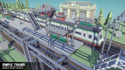Aeriel view of a low poly train station with a public train pulling up to the station