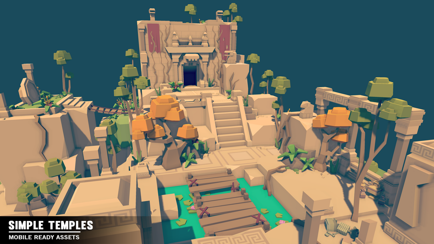 Low poly temple with a pond and bridge over it and walkways built into the mountain temple