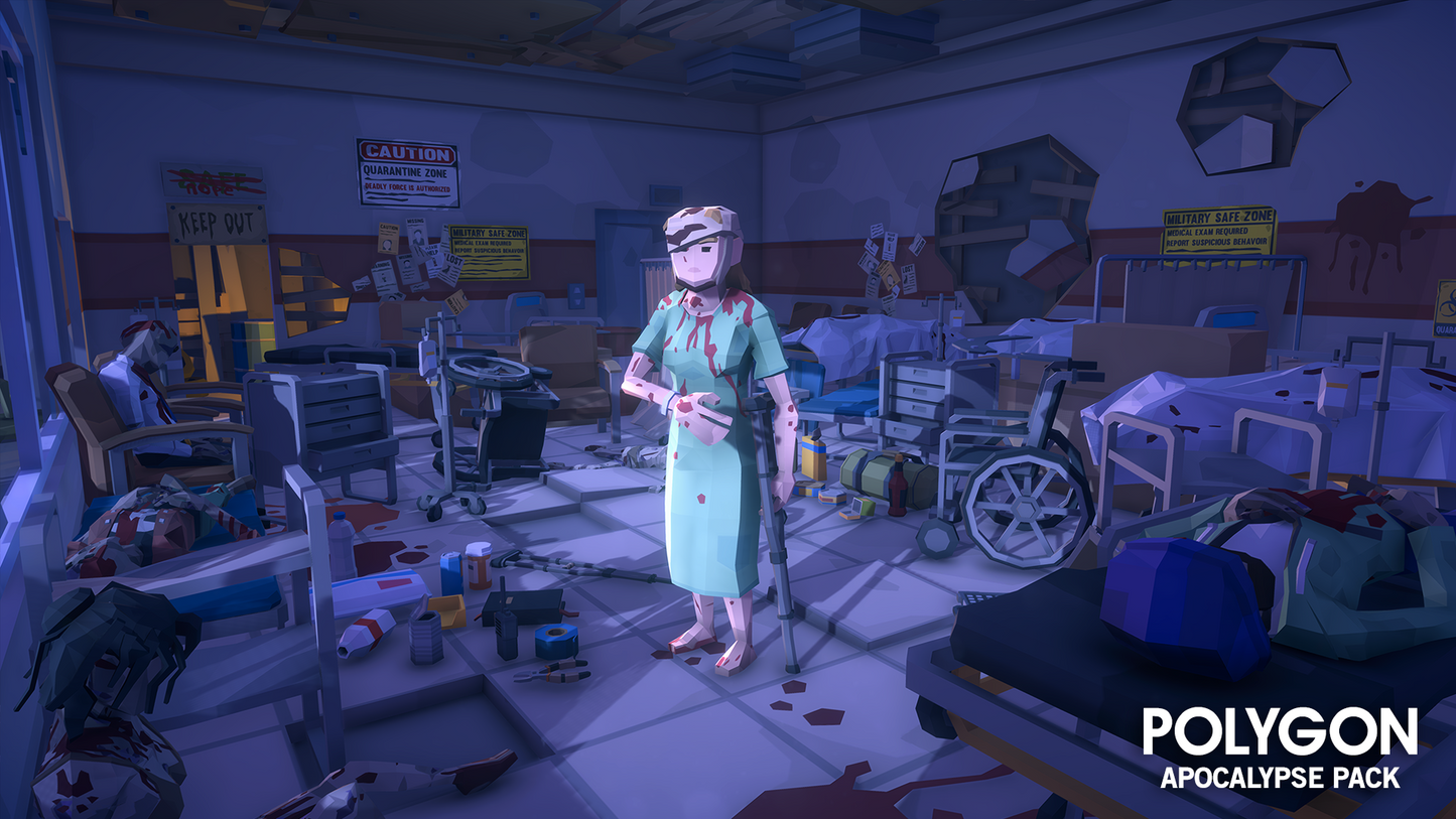 A hospital patient low poly 3D character asset holding her hand across her stomach resting on crutches