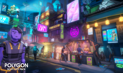 A close up view of a low poly character walking through a grim city street lit by neon signs