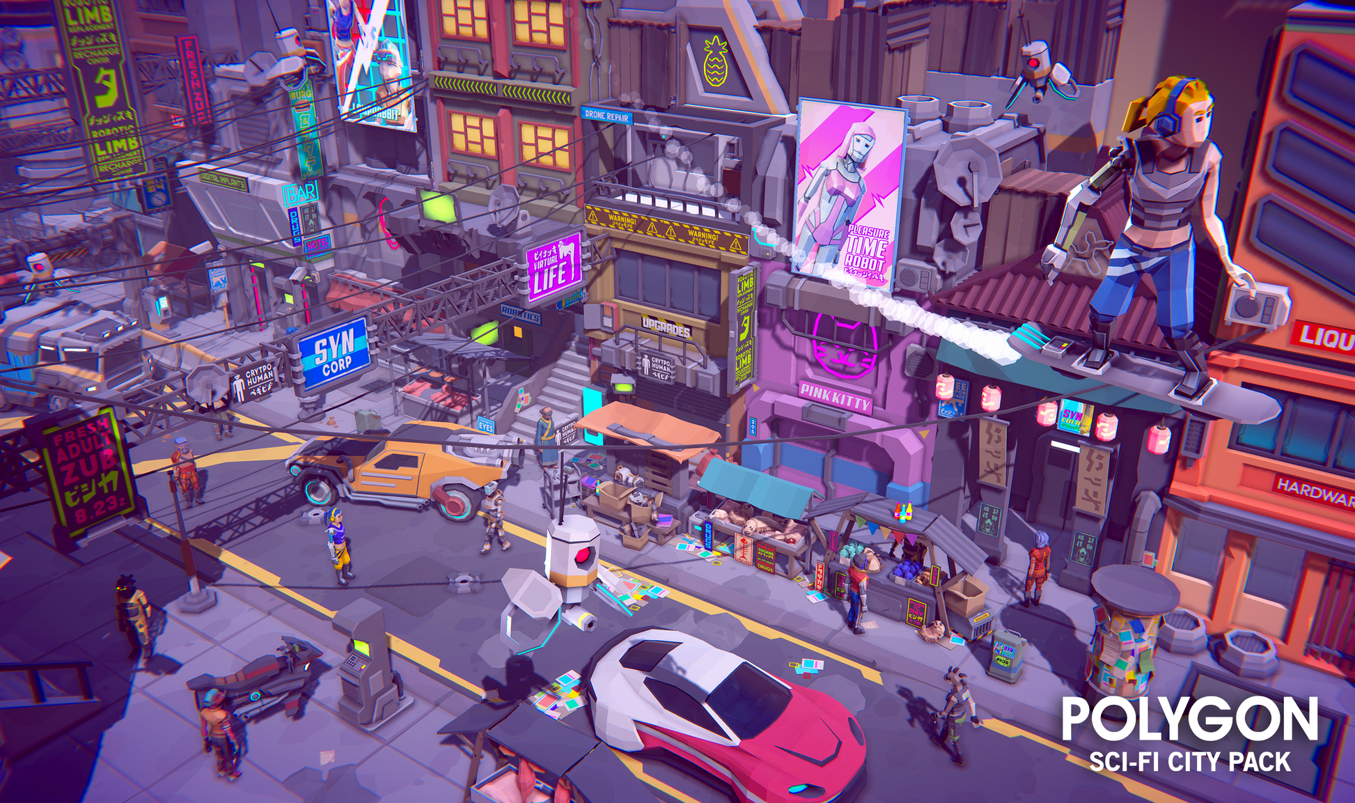 A character riding a hoverboard through a futuristic city
