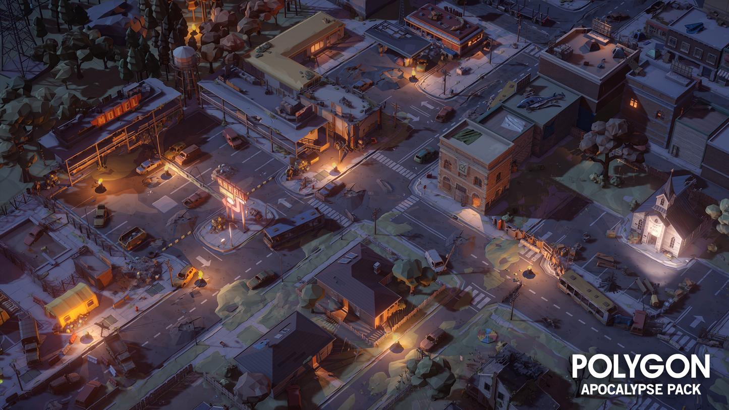 Aerial view of a night time deserted town and forest nearby for developing apocalypse themed games
