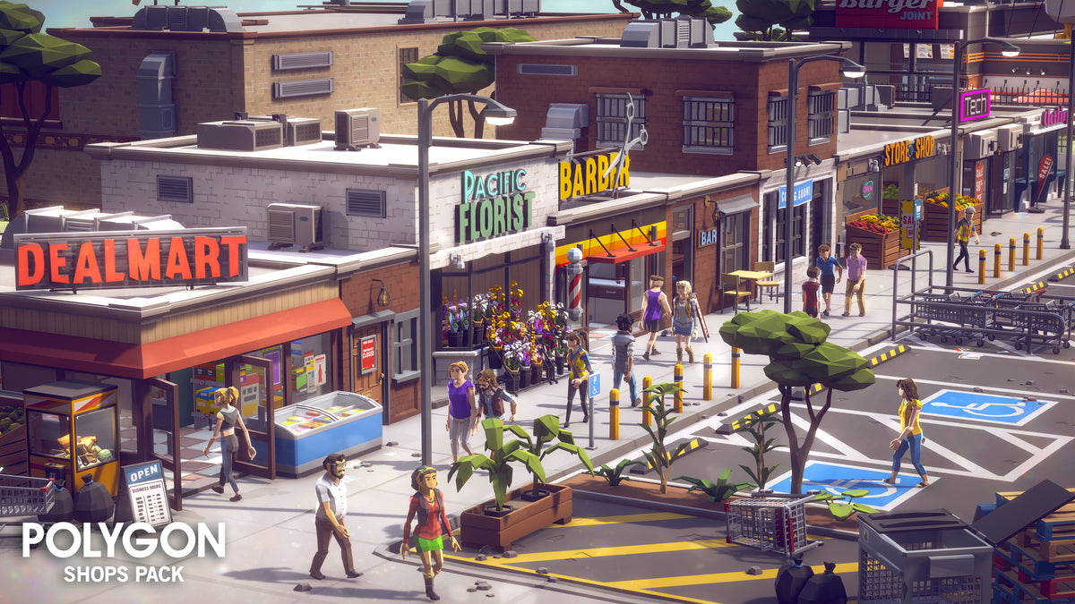 Synty Humble Bundle POLYGON Shops Pack showing a stylized shopping district with stores, characters and environmental props