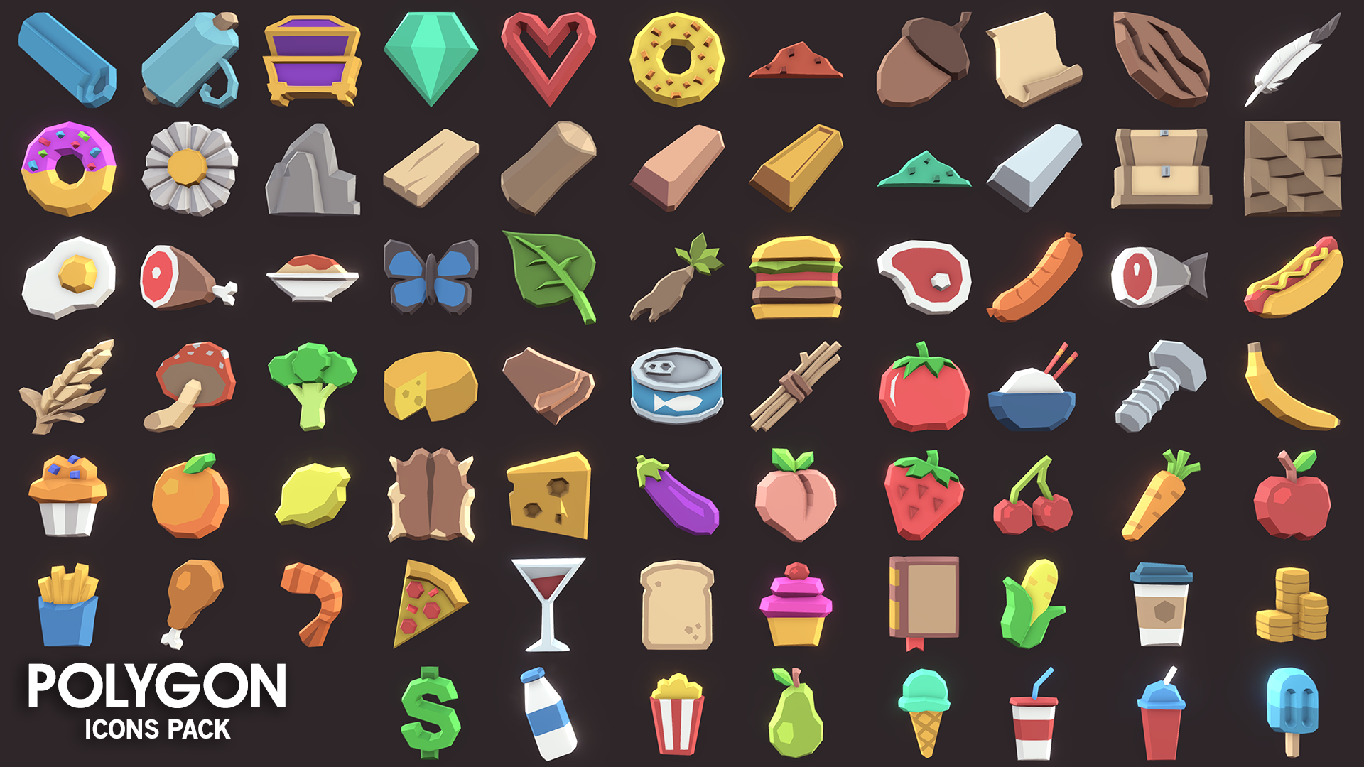 Icons low poly asset pack for gaming