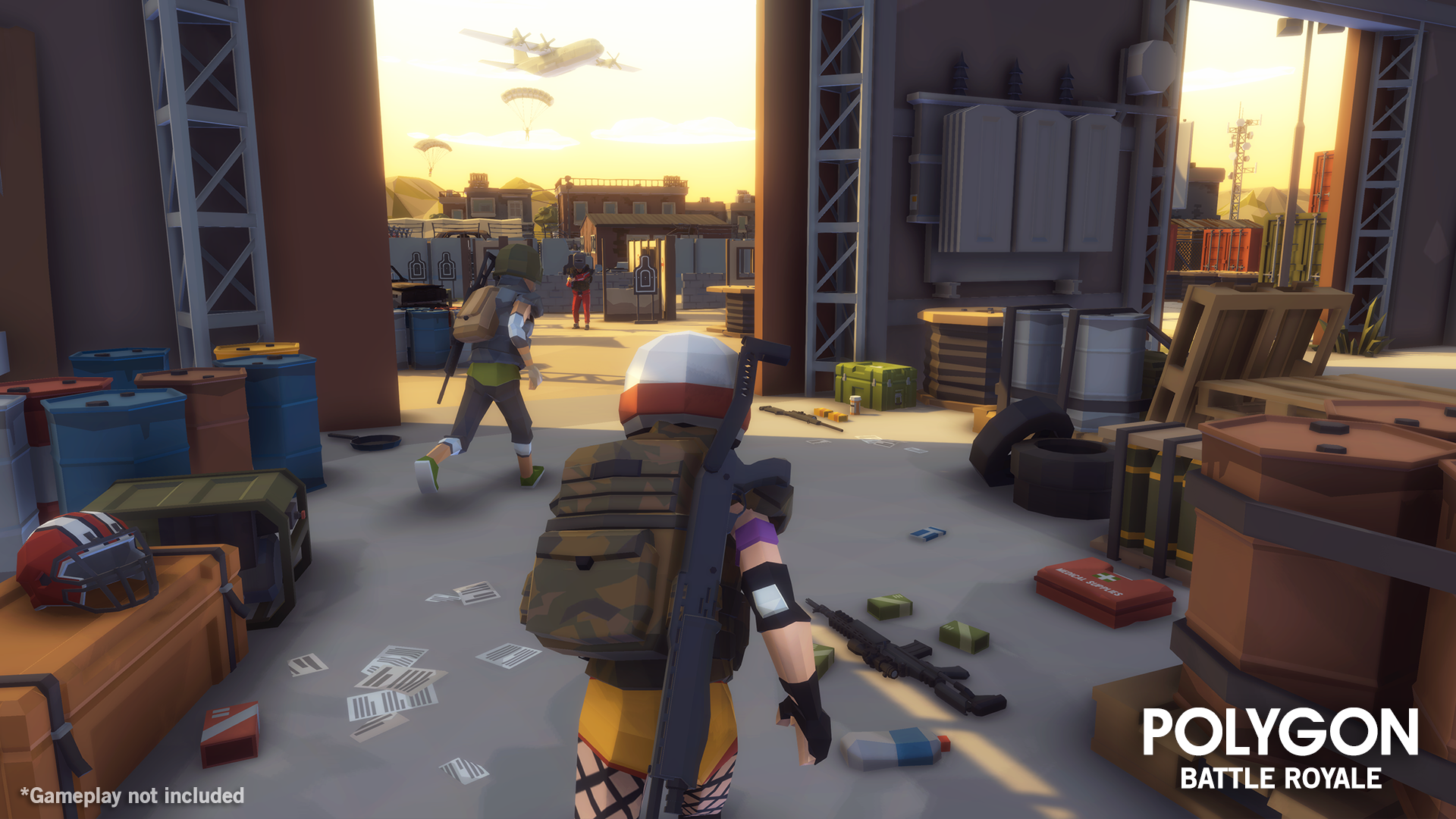 Battle Royale Pack low poly 3D character assets fighting one another in a cube style areoplane hanger