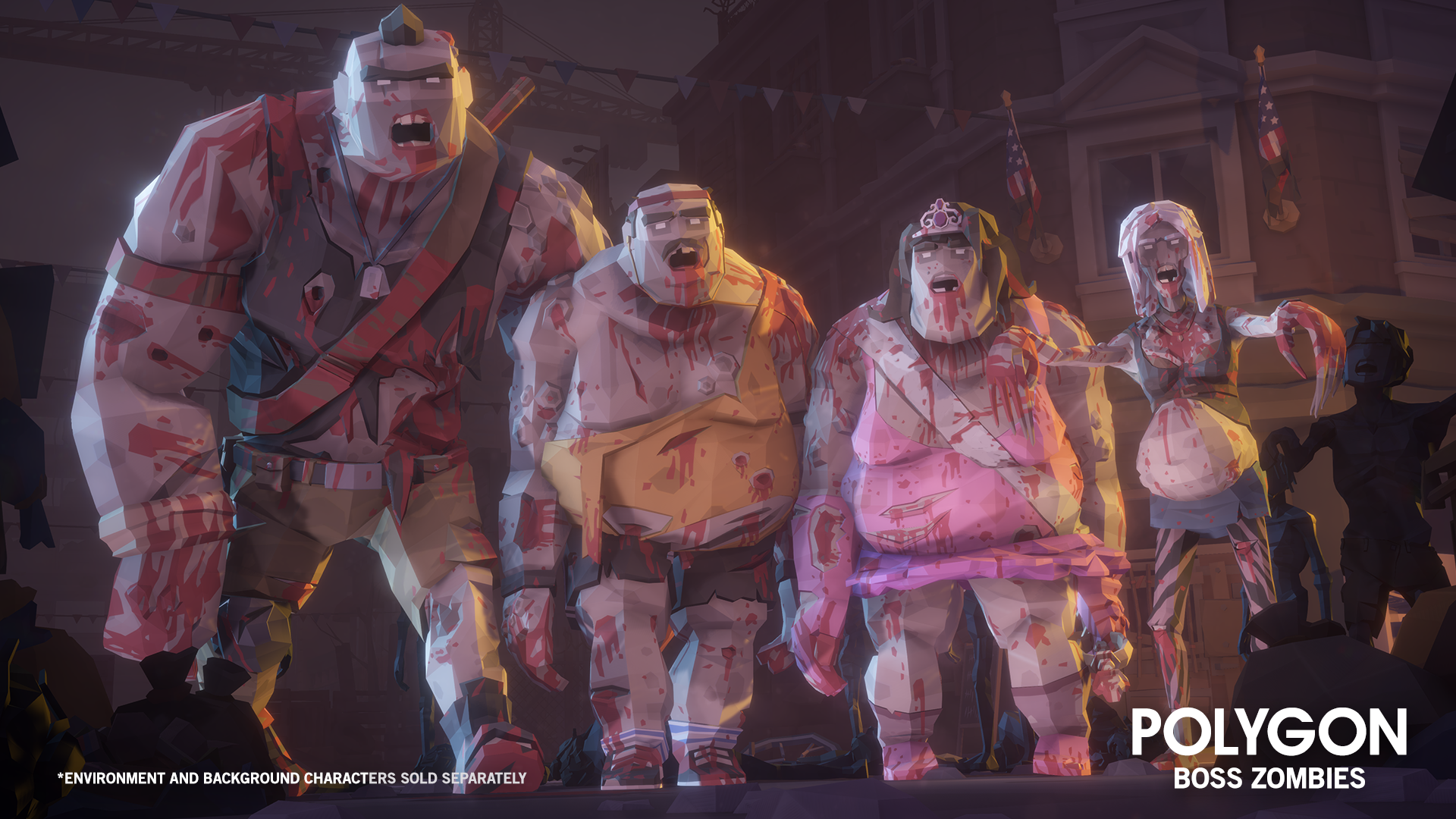 Male and female zombie characters as part of the Polygon Boss Zombies asset pack for Unreal and Unity game development