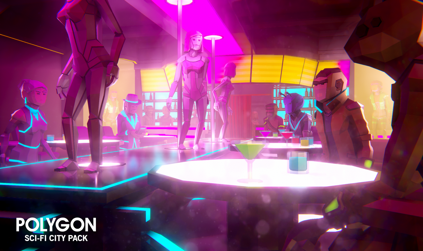 Low poly characters dancing in a sci-fi club