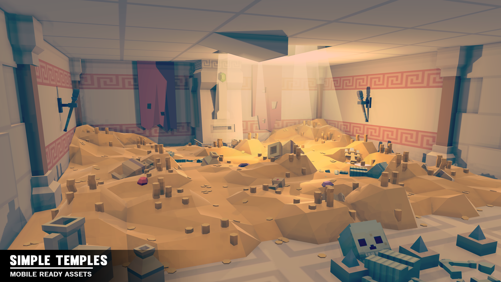 Low poly gold room within a temple and skeletons lying along the floor with scattered jewelry and other sacred objects