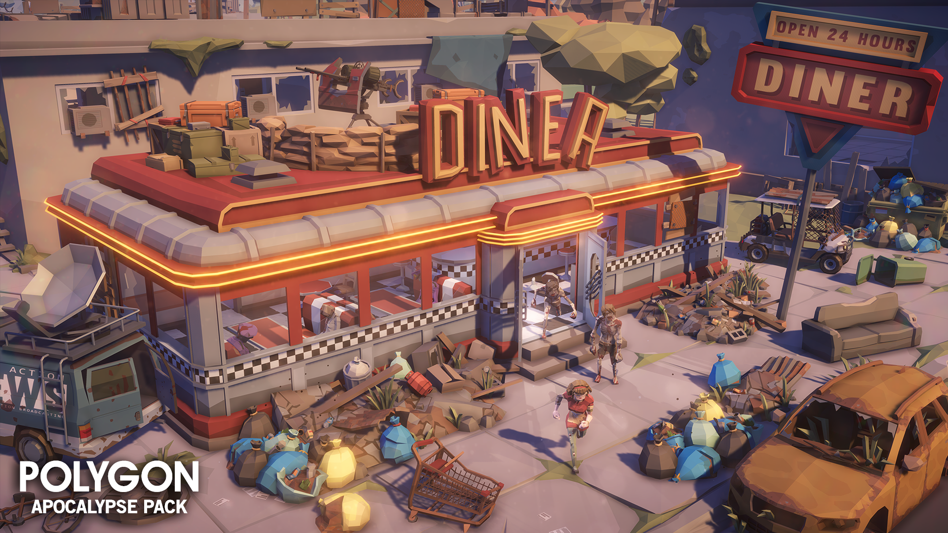 3D low poly asset of a diner in a devastated apocalypse wasteland with zombie characters walking outside into a car park
