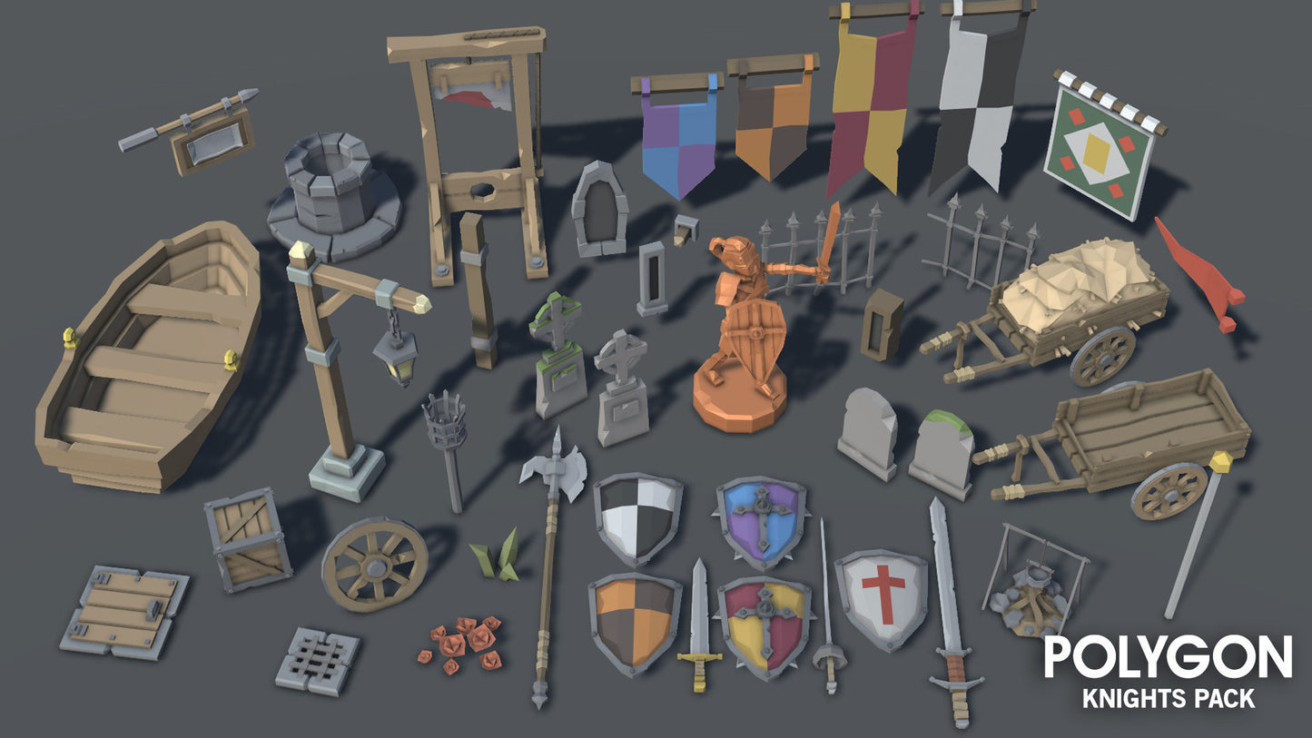 Medieval knights low poly game assets including marketplace, farm stalls, statues and armour