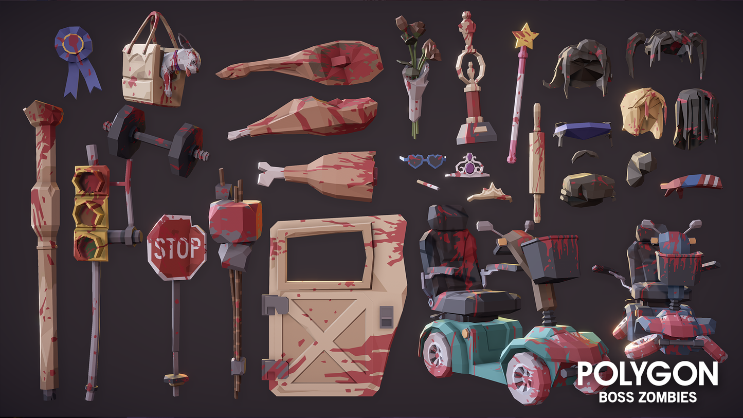Polygon Boss Zombies accessories included in 3D asset pack