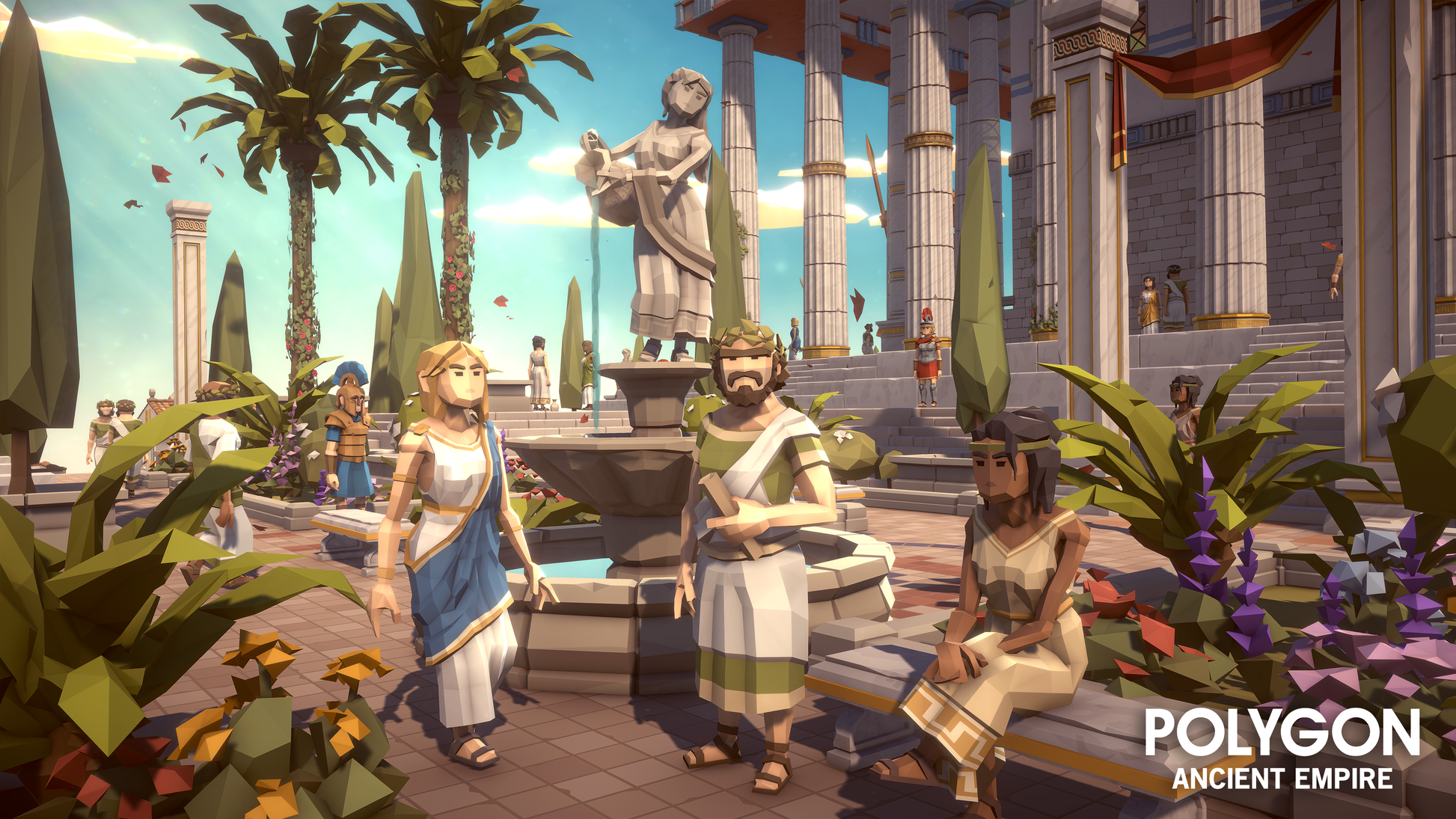 Ancient empire low poly characters sitting next to a fountain in an amphitheatre