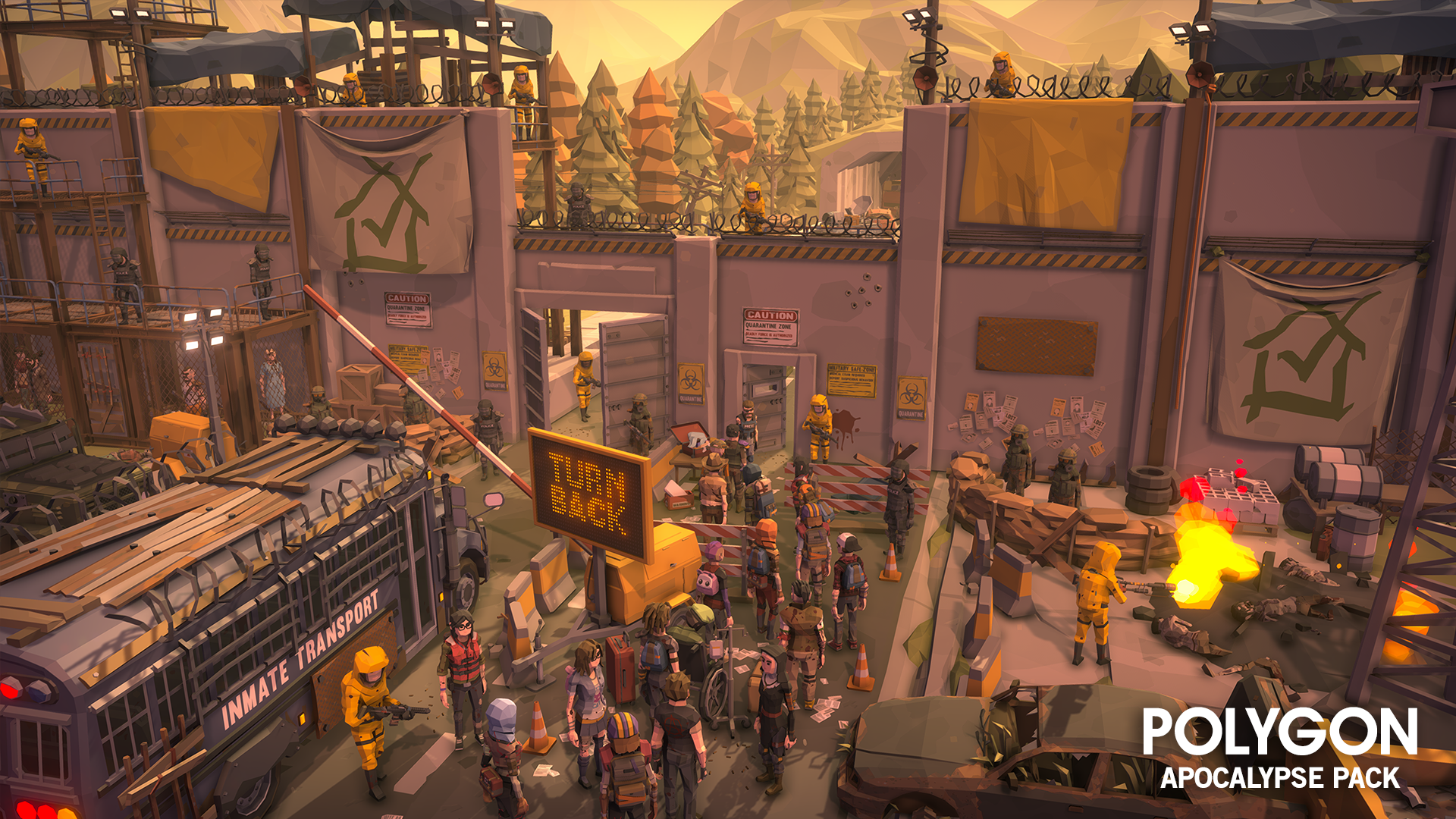 Apocalypse game scene with low poly characters manning a city wall with guards on crowd control