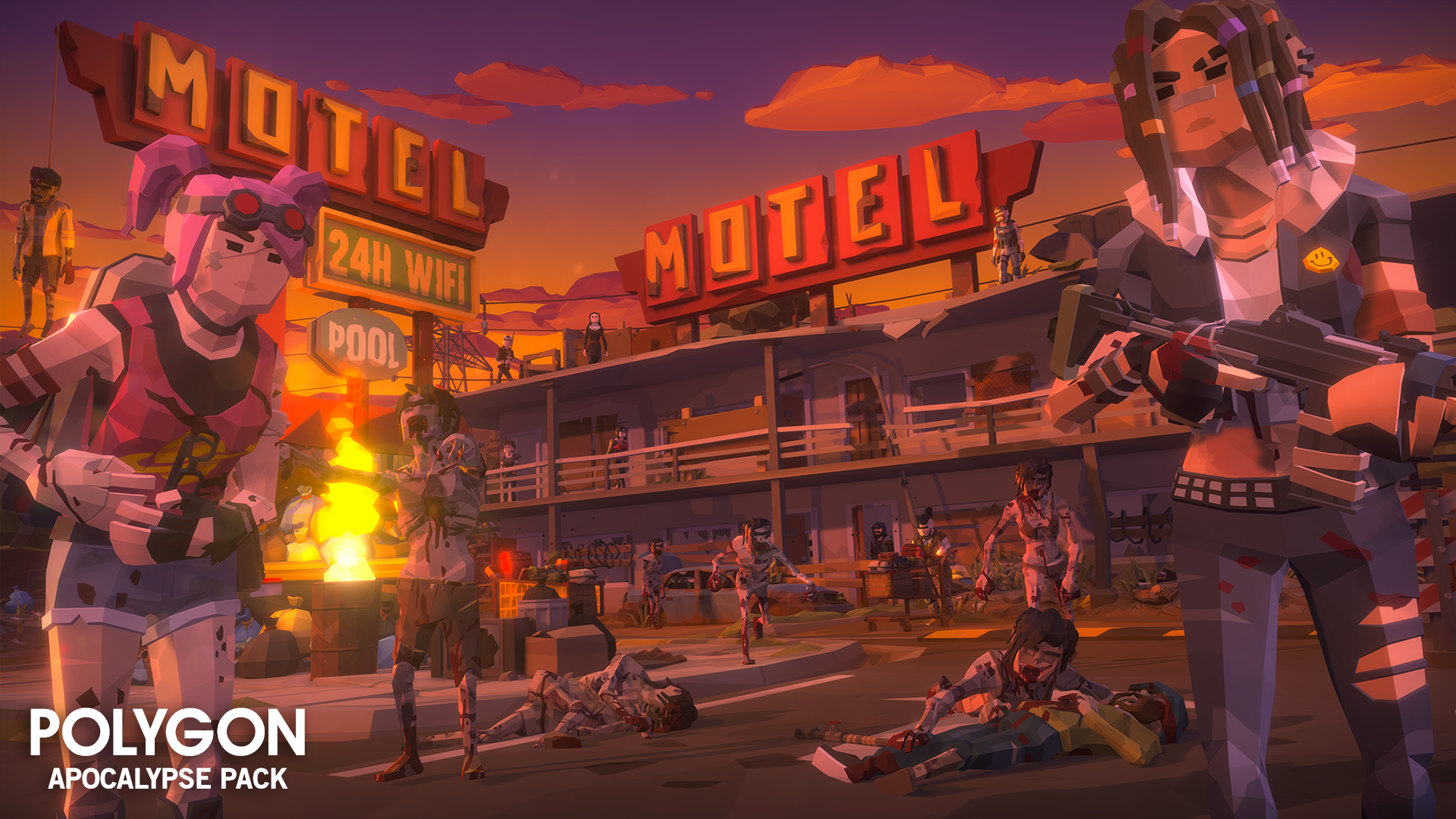 Two low poly female characters standing in front of a motel with zombies approaching them