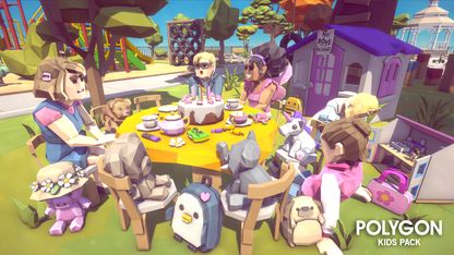 3D game asset school girls throwing a tea party in a playground with their teacher