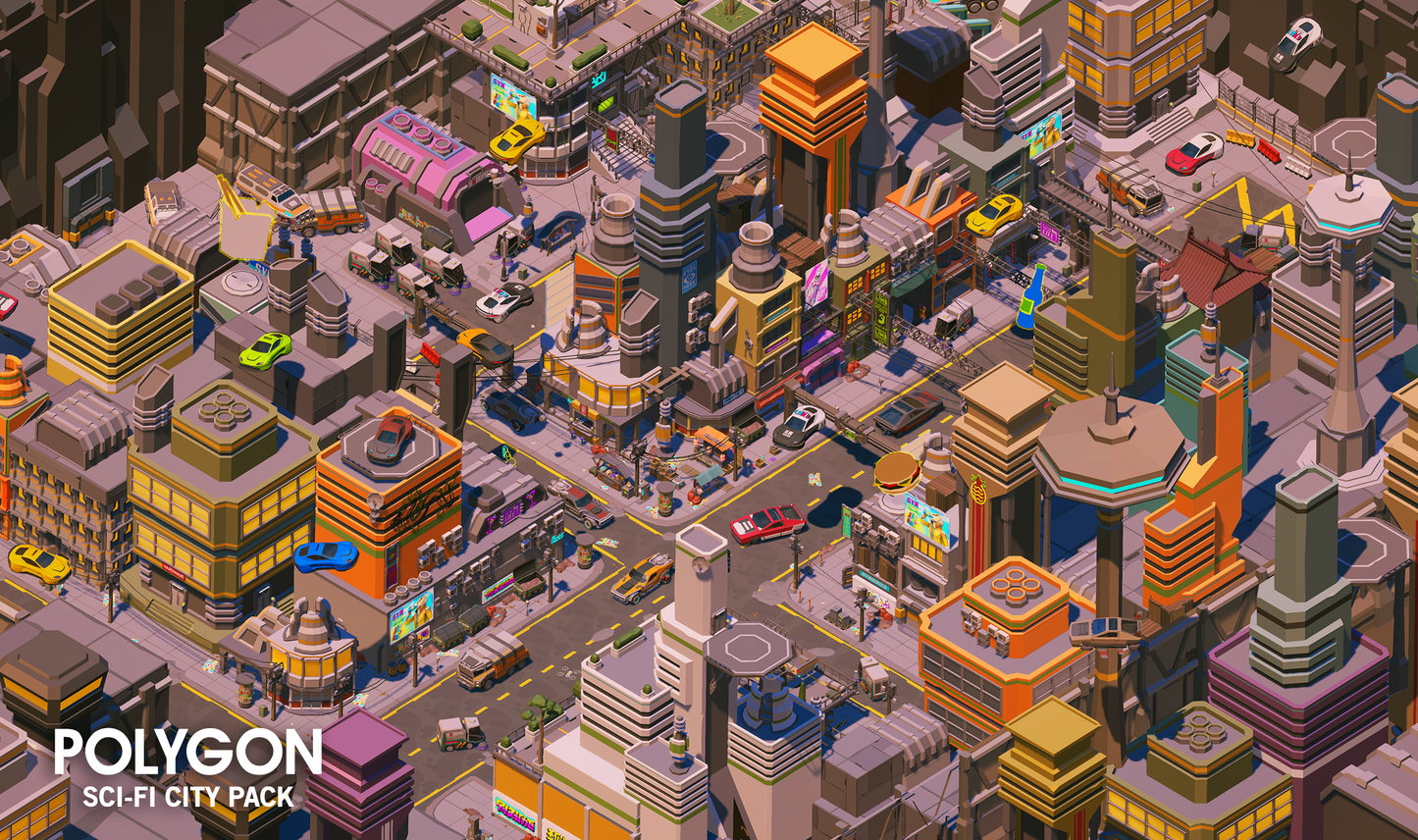 Aerial view of a futurist city built with low poly assets