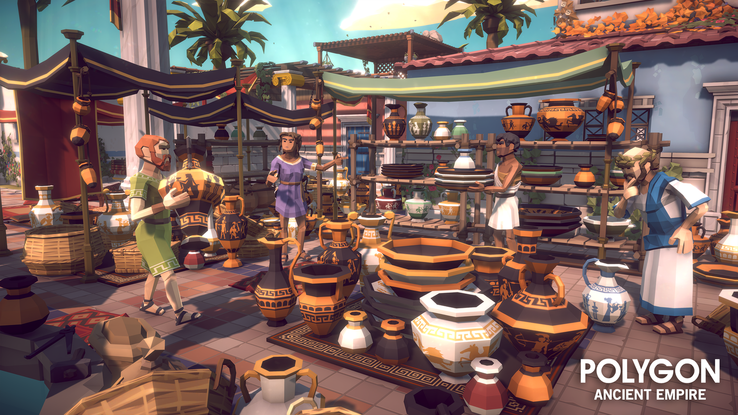 Low poly 3D characters buying and selling pots in a marketplace