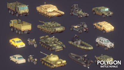 Battle Royale Pack low poly military and civilian vehicles for game development