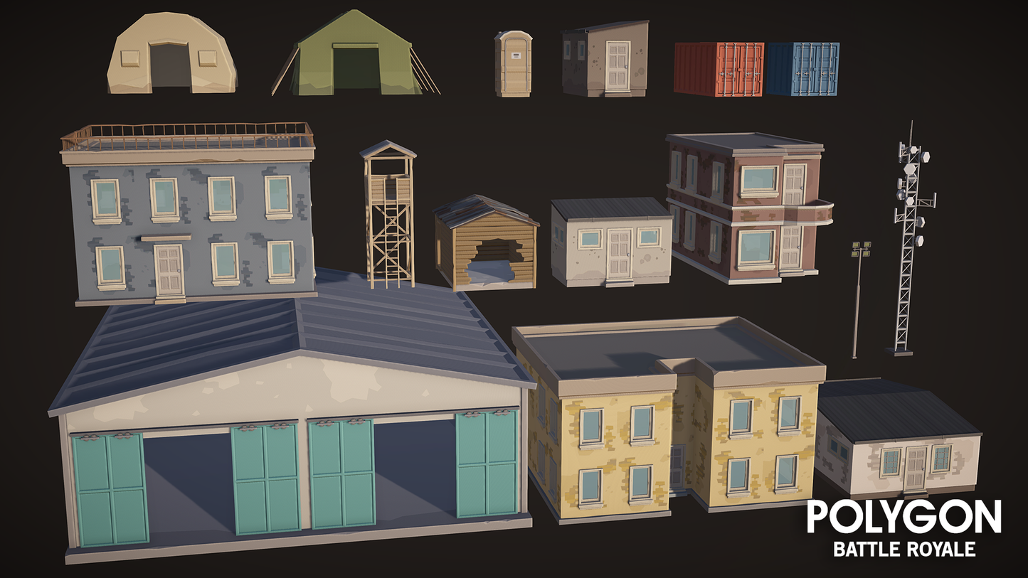 Low-poly battle royale houses, containers and commercial building assets