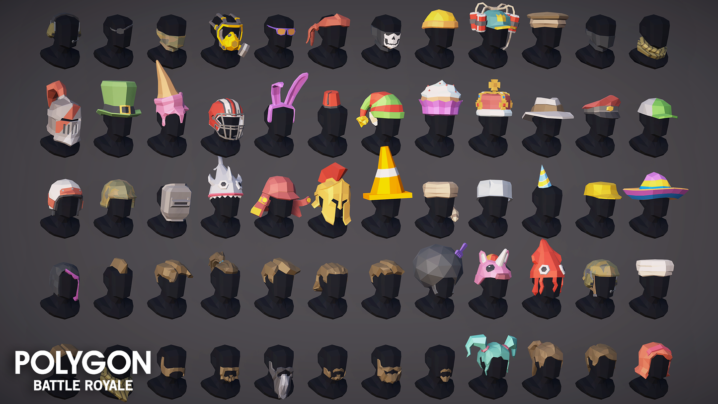 Battle Royale Pack low poly character hats and accessories for game development