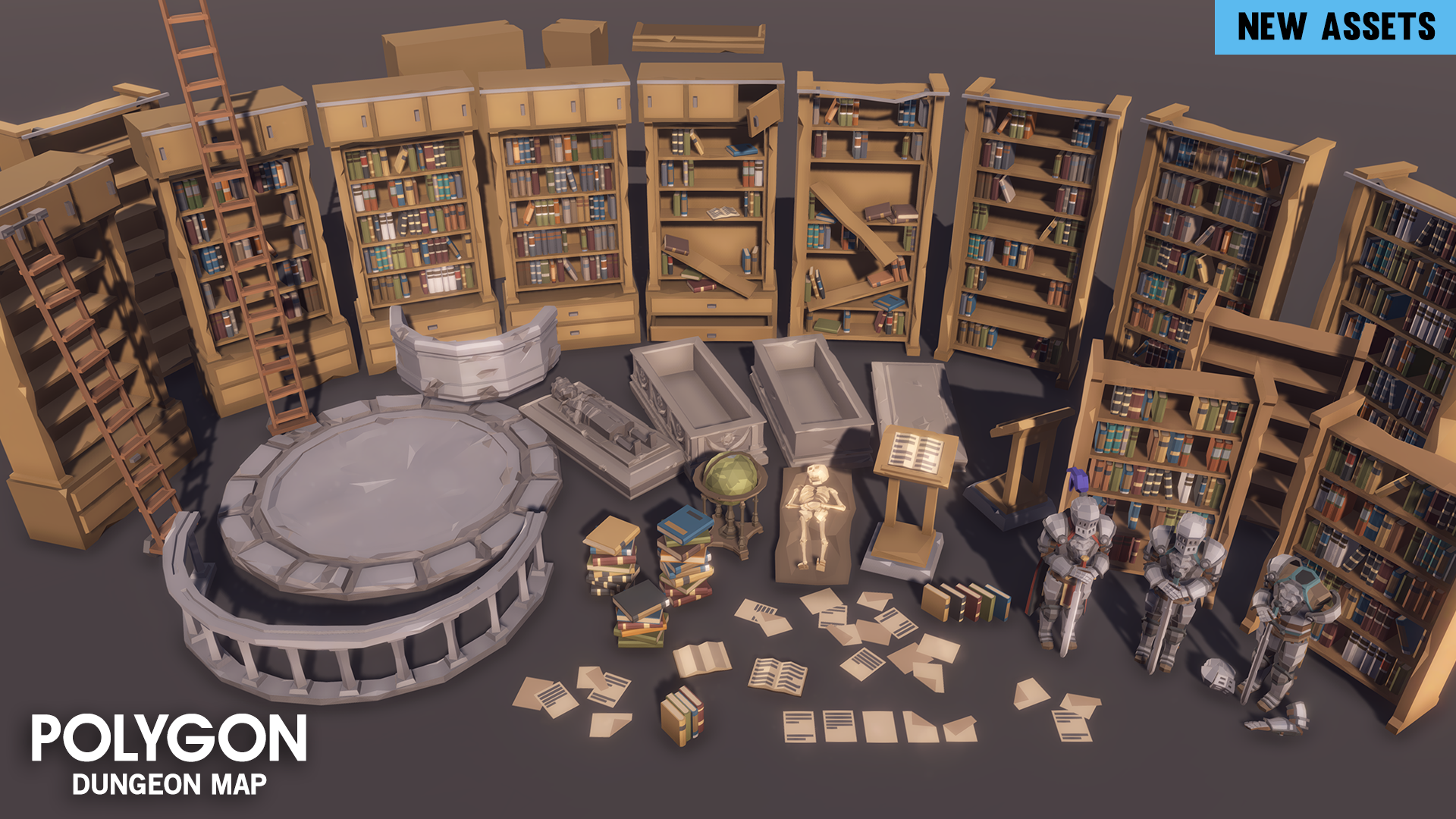 Dungeon map low poly asset pack featuring props, statues, bookshelves, railings, tombs, crypts and walls
