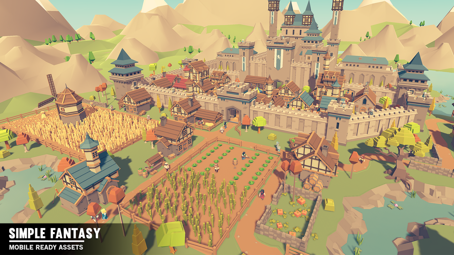 Low-poly cartoon kingdom with farm assets for game development