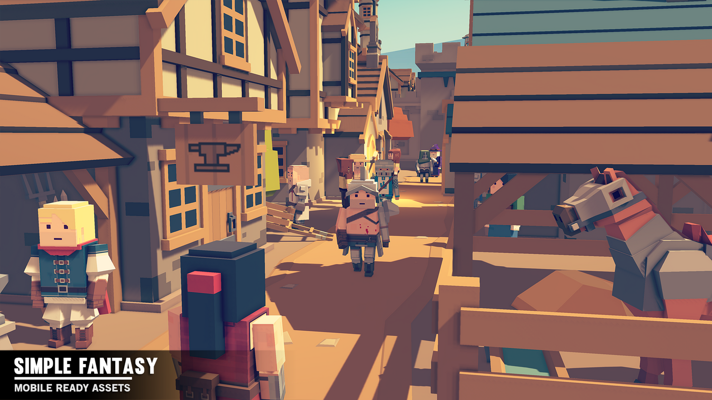 Simple Fantasy low poly character walking down a village street