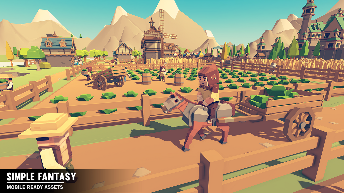 Simple Fantasy low poly character riding on a horse pulling a wagon of food down a dirt road