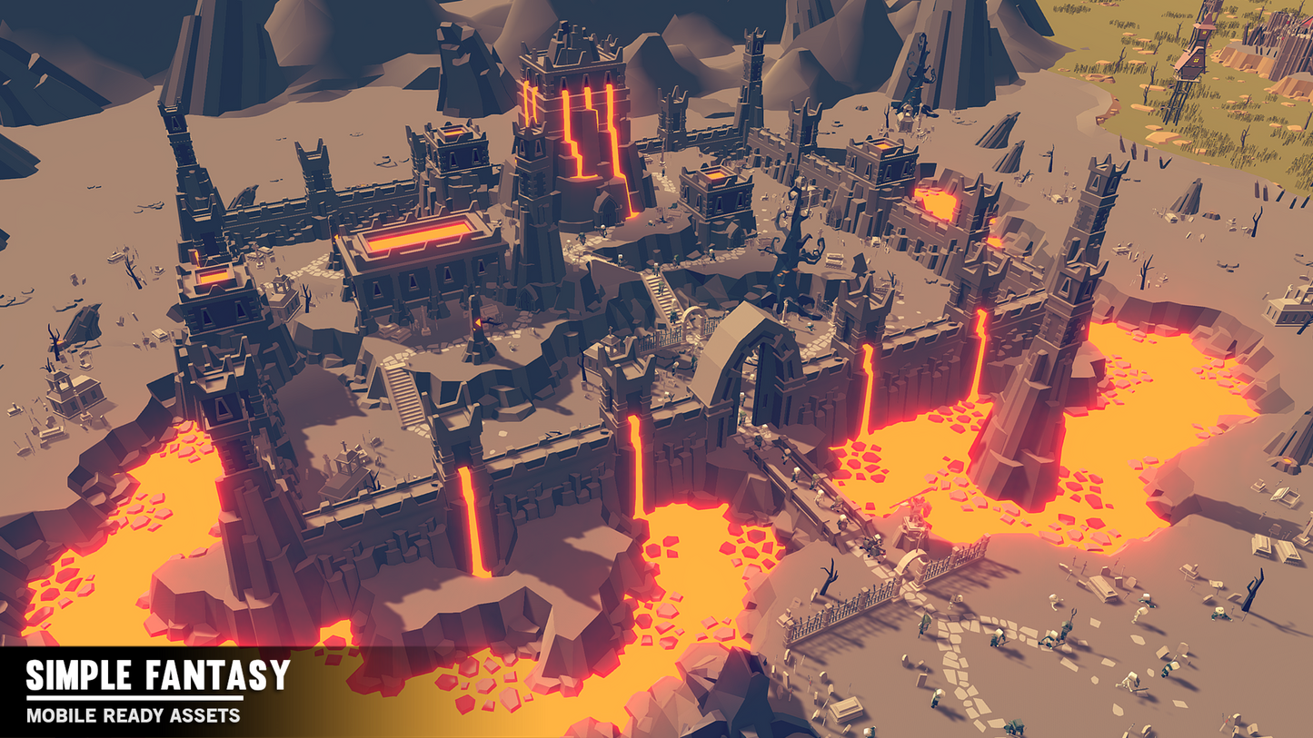 Low-poly cartoon fortress with lava flow assets for game development