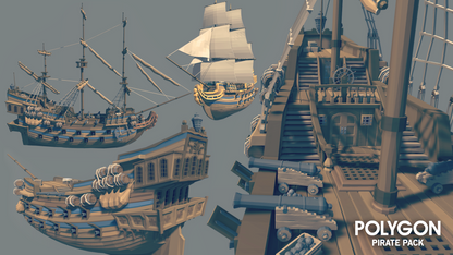 Low poly pirate ship assets with cannons