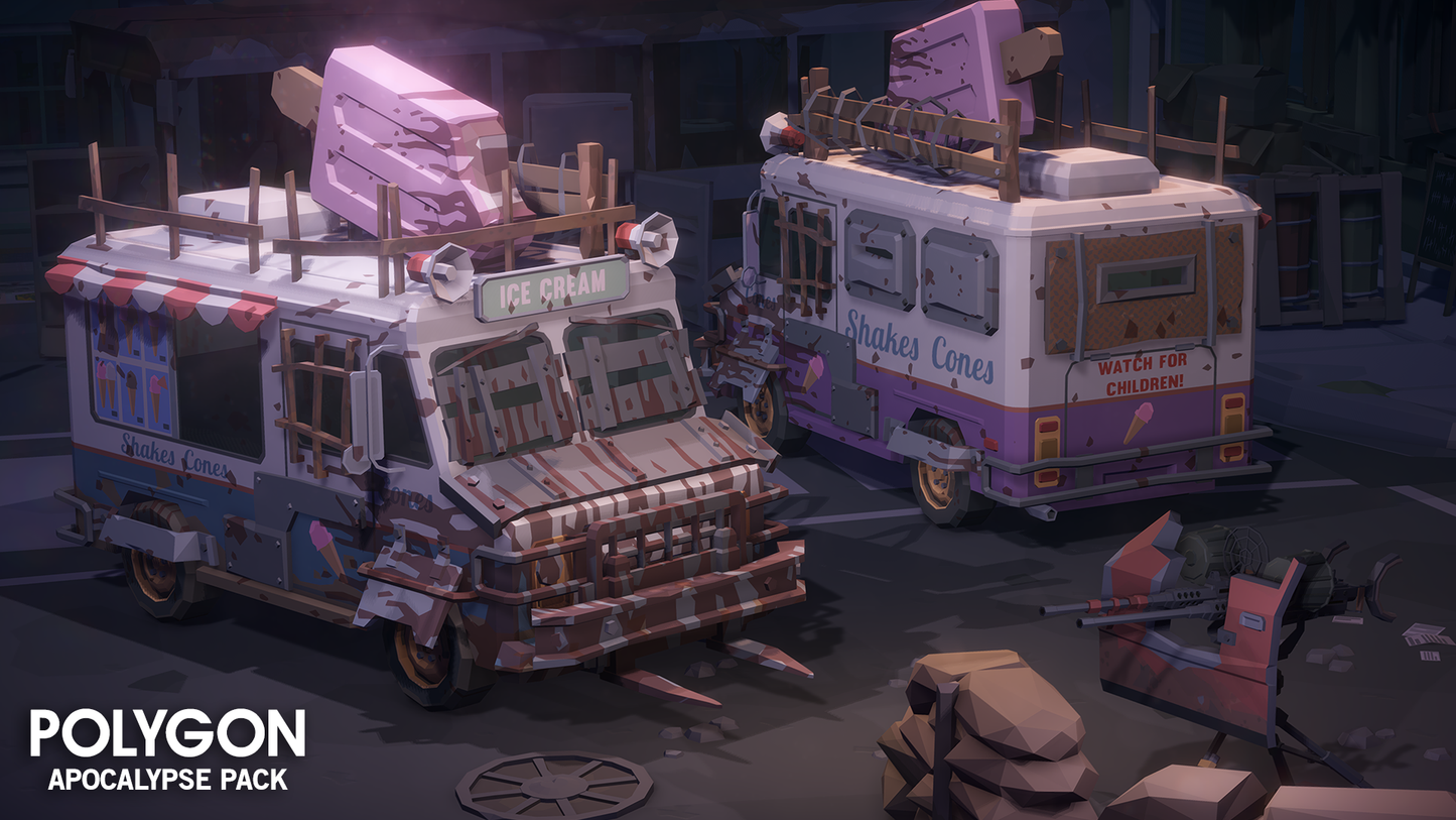 Apocalypse Pack 3D low poly wasteland ice cream truck vehicle assets for game development