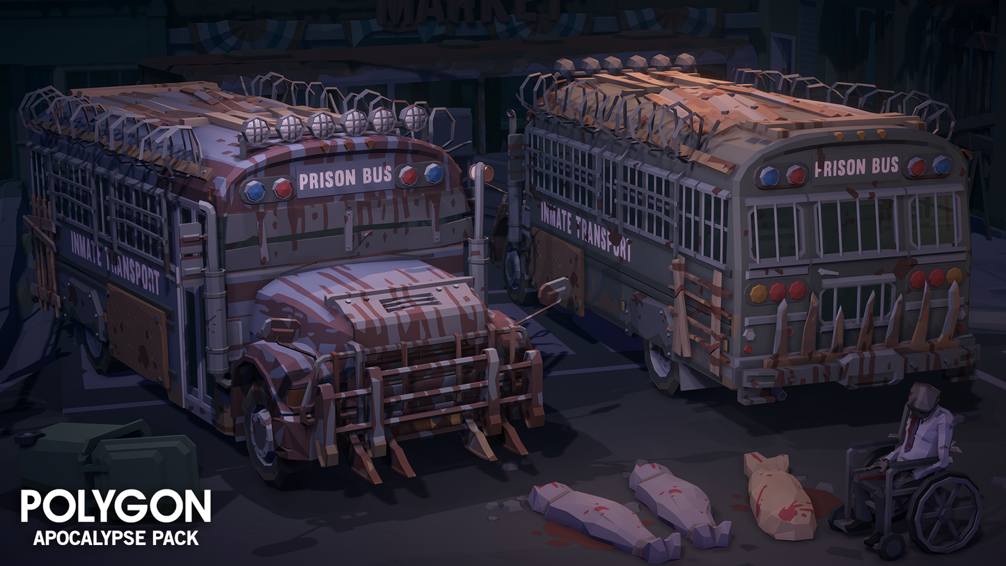 Apocalypse Pack 3D low poly prison bus vehicle assets for game development