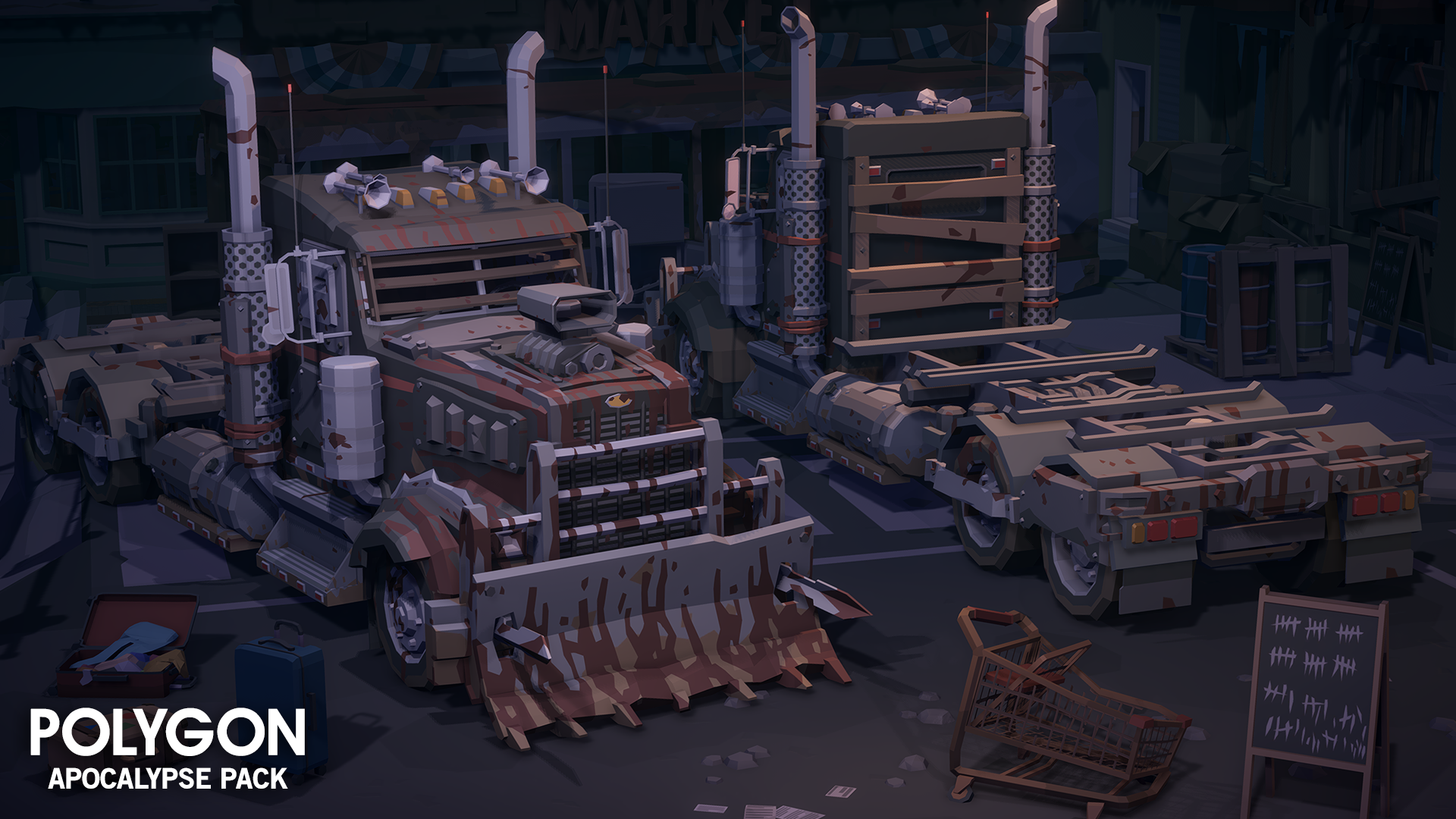 Apocalypse Pack 3D low poly wasteland large truck and rig assets for game development