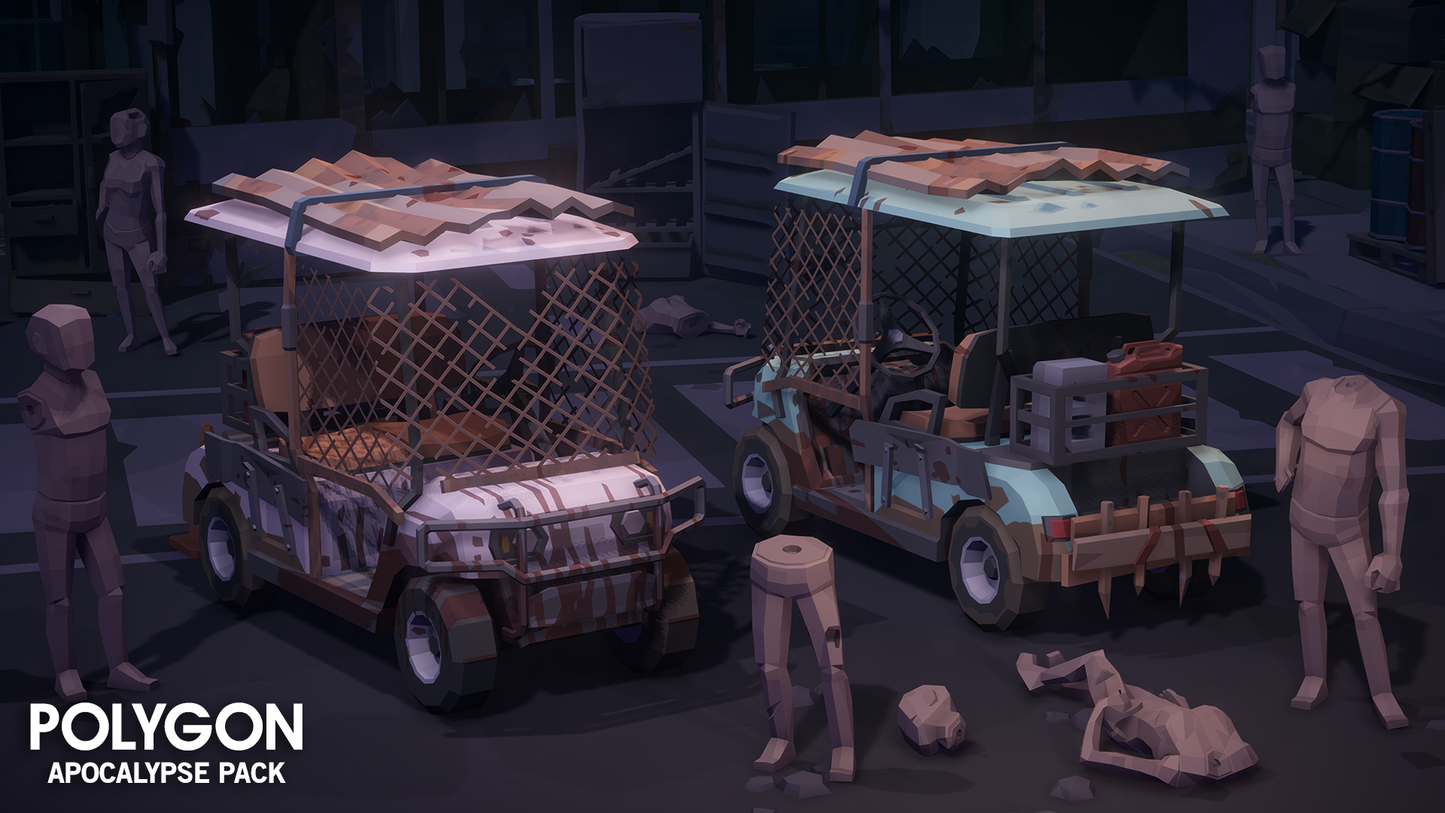 Apocalypse Pack 3D low poly wasteland themed golf cart vehicle assets for game development