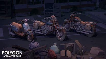 Apocalypse Pack 3D low poly wasteland themed bike and scooter vehicle assets for game development