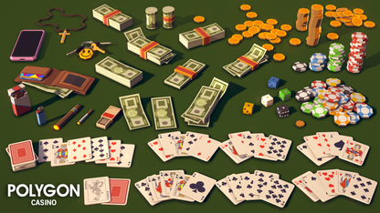 POLYGON Casino 3D asset pack including playing cards, poker chips, cigards, cash, phone and other character items in low poly