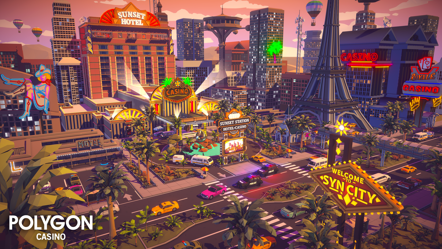 A city wide view of low poly casinos and vehicles driving through the street